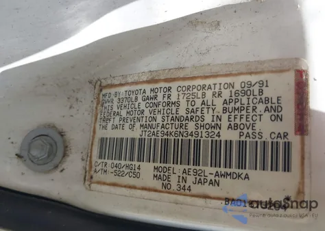 1992 Toyota Corolla Dlx from USA, damaged, VIN JT2AE94K6N3491324